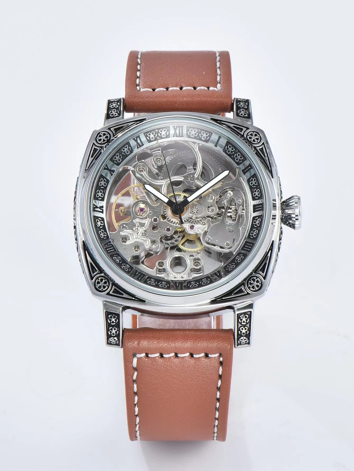 automatic watch retro style wholesale mechanical wristwatches skeleton carve waterproof leather no logo mens watch