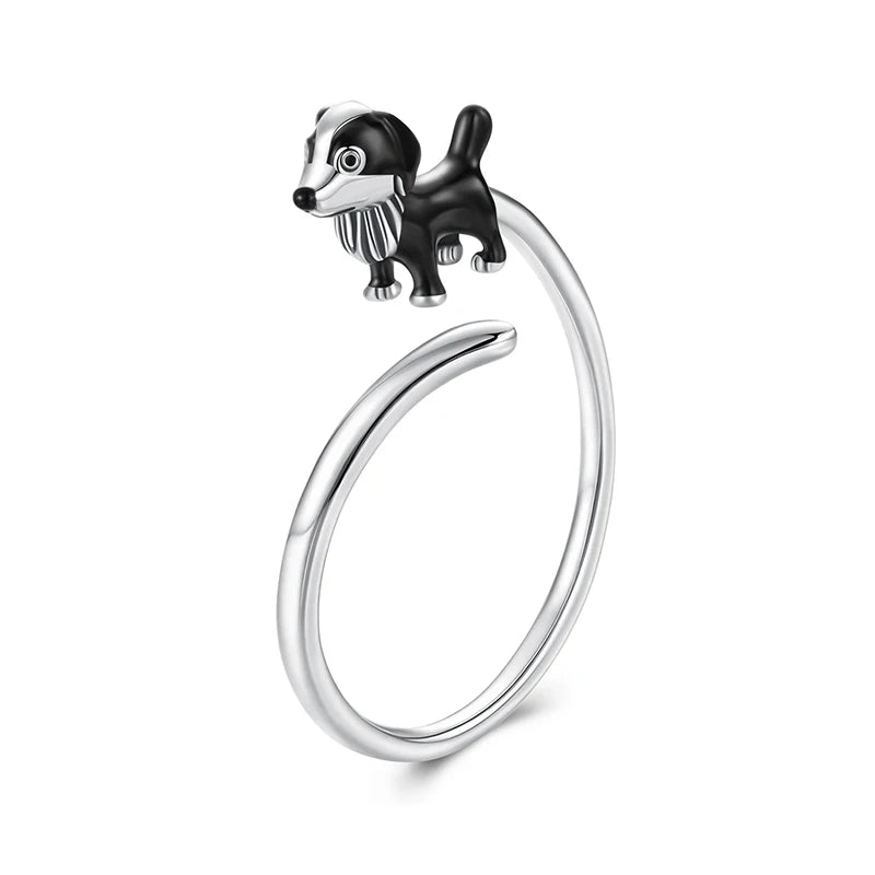 WOSTU Real 925 Sterling Silver Cute Black Border Collie Dog Open Ring for Girl, Original Animal Earrings Family Pet themed Gift
