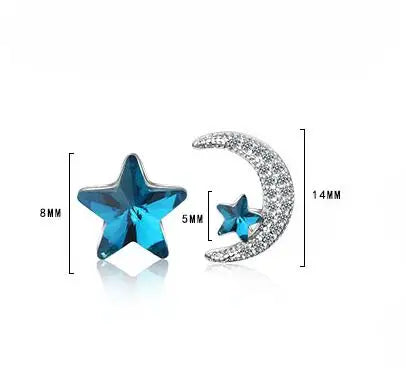 Real 925 Sterling Silver Zircon Moon Star Stud 14K Gold Earrings For Women Asymmetry Cute Fine Jewelry Drop shipping