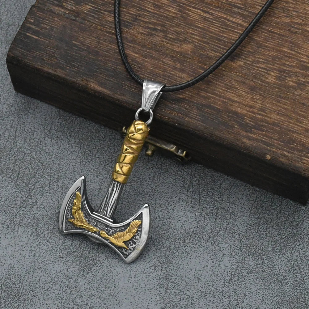 Odin Raven Double Axe Vintage Viking Pendant Stainless Steel Celt Knot Necklace Men's Scandinavian Jewelry Gift
