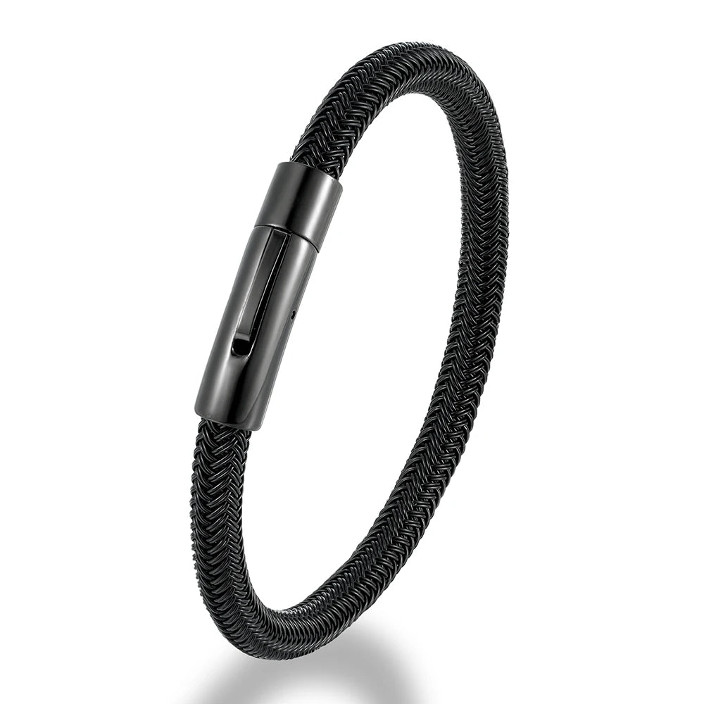 MKENDN Classic Men Women Jewelry Black Non-fading Steel Wire Rope Bracelet Classic Cuff Charm Button Bracelet for Couple Jewelry