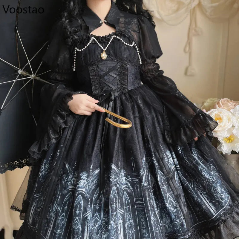 Japanese Gothic Lolita Dress Women Victorian Dark Print Long Sleeve Mesh Shawl Dress Girls Harajuku Y2K Punk Tea Party Dresses