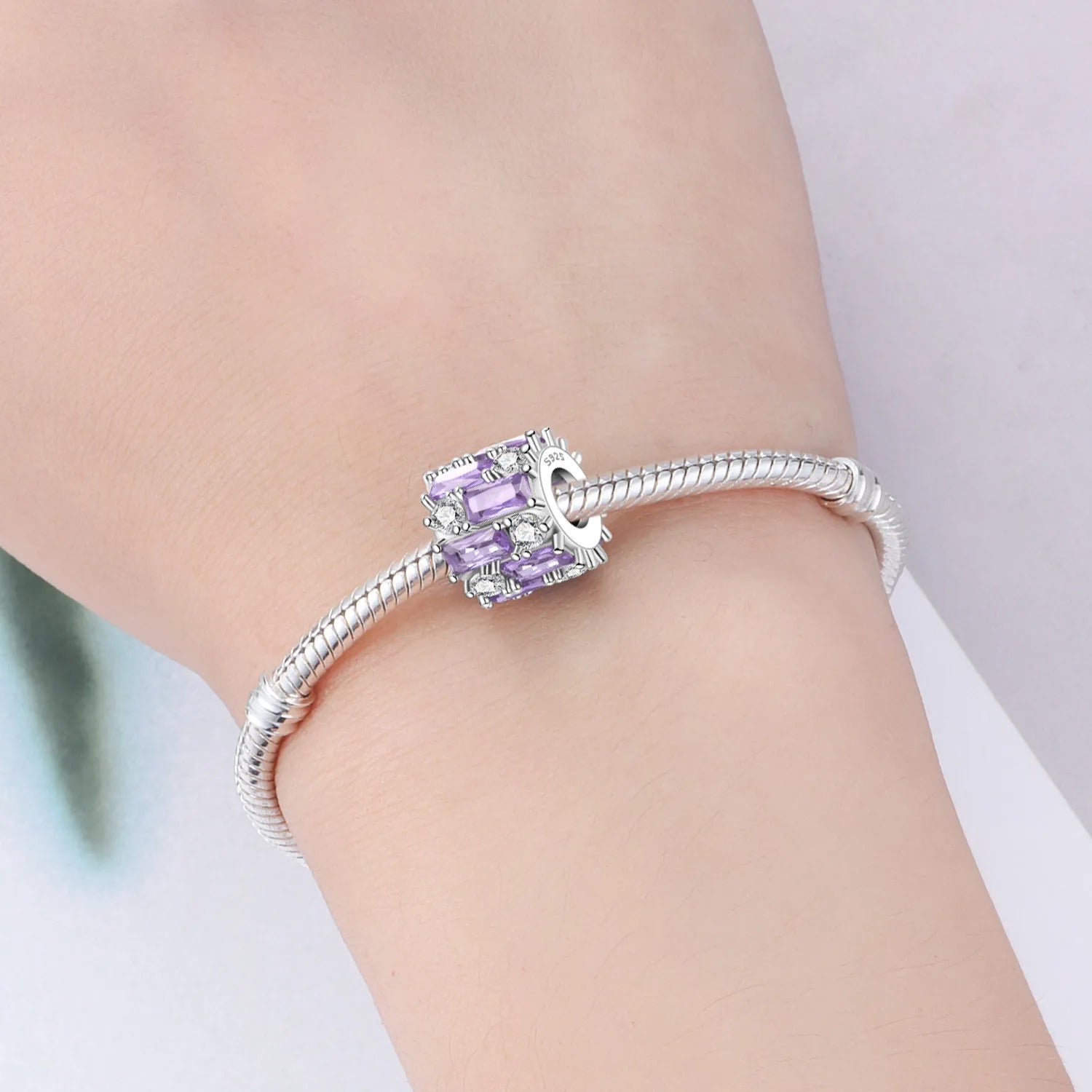 PANPOKI 925 Sterling Silver Elegant Purple Zircon Beads Original Pendants Bracelet Charm Jewelry Party DIY Trendy Gifts