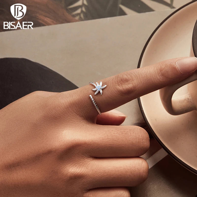BISAER 925 Sterling Silver Coconut Tree Open Ring Opal Band Plated White Gold for Women Party Original Fine Jewelry Holiday Gift