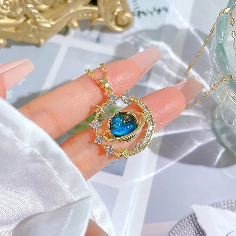 Exquisite Starry Sky Planet Light Luxury Temperament Necklace Star Moon Versatile Clavicle Chain Womens Christmas Jewelry Gift - Madeinsea©