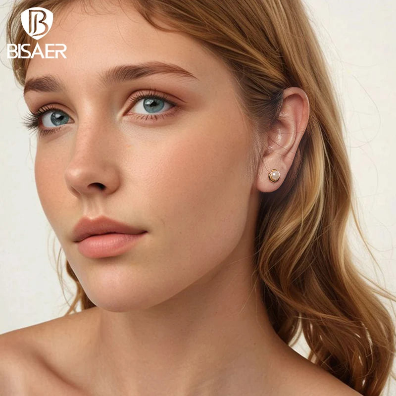 Boucles d'oreilles à tige en argent sterling 925 BISAER avec perles et clip d'oreille rond simple plaqué or pour femmes élégantes, bijoux fins de fête EFE1107