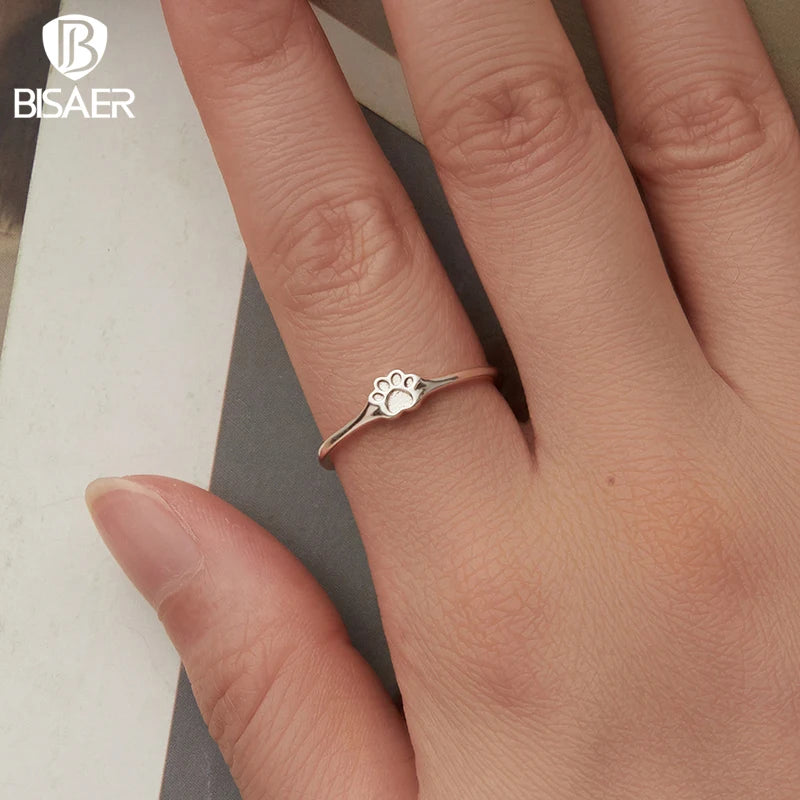 BISAER 925 Sterling Silver Cute Pet Paw Open Ring Adjustment Size 5-9 Band for Women Party Original Fine Jewelry ECR1125-E