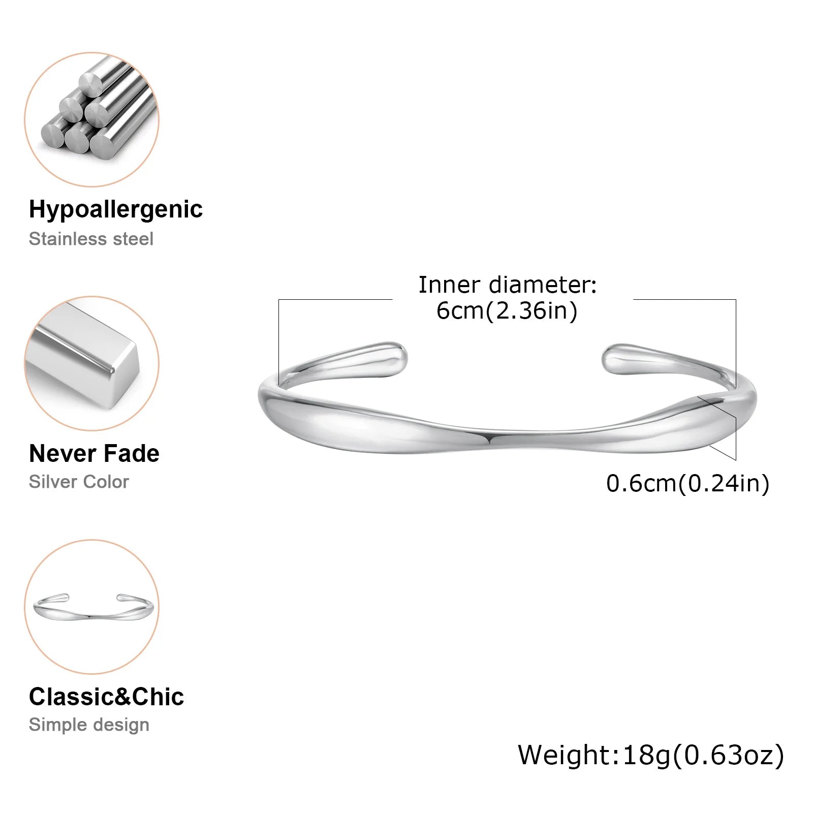 Vnox Stainless Steel Wrist Opening Bracelet Bangles For Women,Simple Irregular Smooth Girls Hand Jewelry,Fashion Bangles Daily - Madeinsea©
