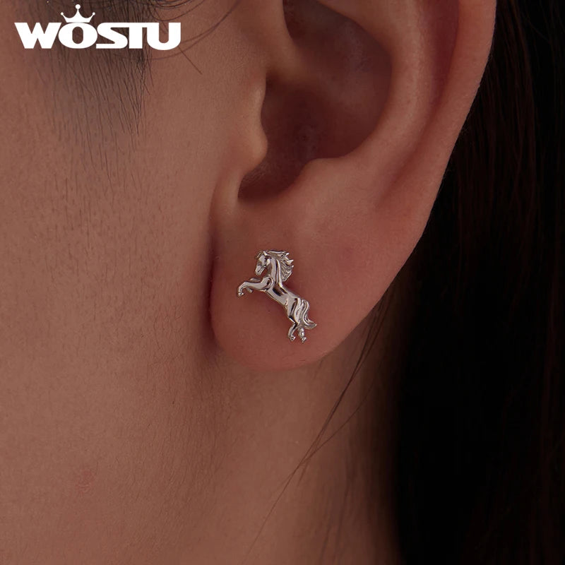 WOSTU Real 925 Sterling Silver Horse & Heart Chain Bracelet Stud Earrings For Women, s925 Silver Unique Horse Lover's Gift Set