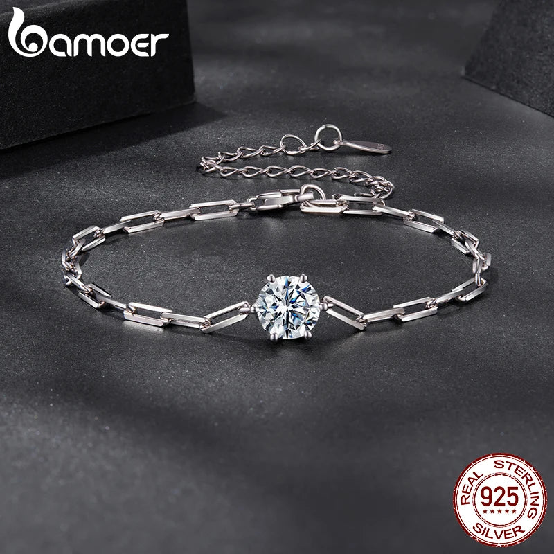 BAMOER 1CT Moissanite Bracelet 6-Prong Setting Adjustable Link Wrist Chain for Women 925 Sterling Silver Wife Mom Birthday Gift