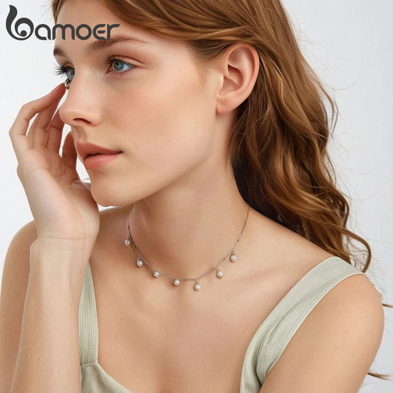 BAMOER 925 Sterling Silber Perlen Choker Halskette 16,9″, zierliche vergoldete Choker Halsketten für Mädchen Braut Brautjungfer Hochzeit