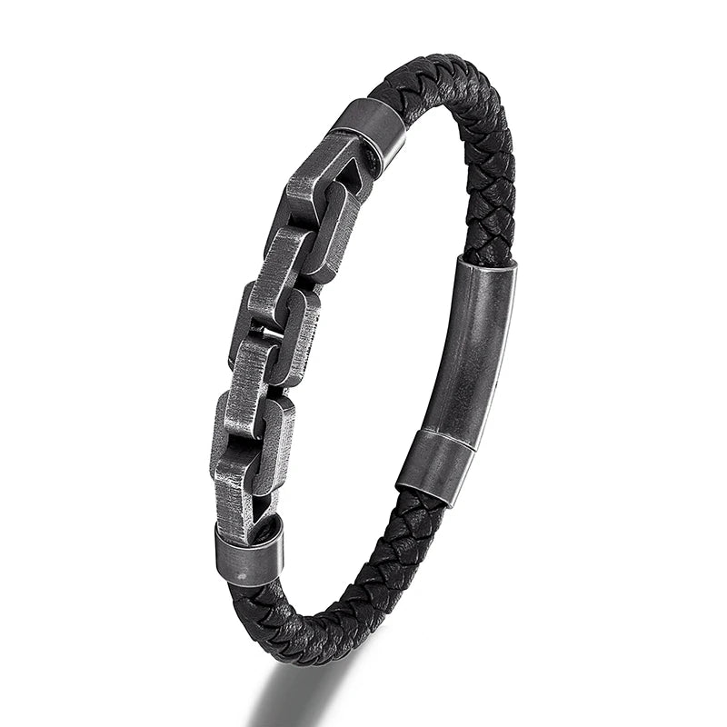 MKENDN Charm Braid Rope Armband für Herren, Edelstahl oxidiert, Bikerkette mit Knopfverschluss, Punk-Schmuckgeschenk für Damen und Herren