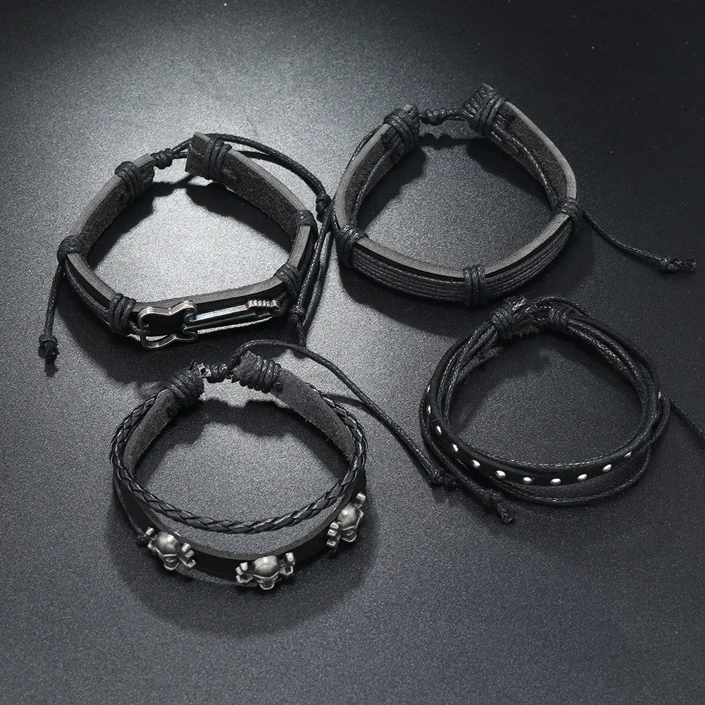 New Rock Roll Skull 4Pcs/ Set Leather Bracelet for Men Hand Braided Wrap Wristband Rope Mens Beads Bracelets Set Jewelry