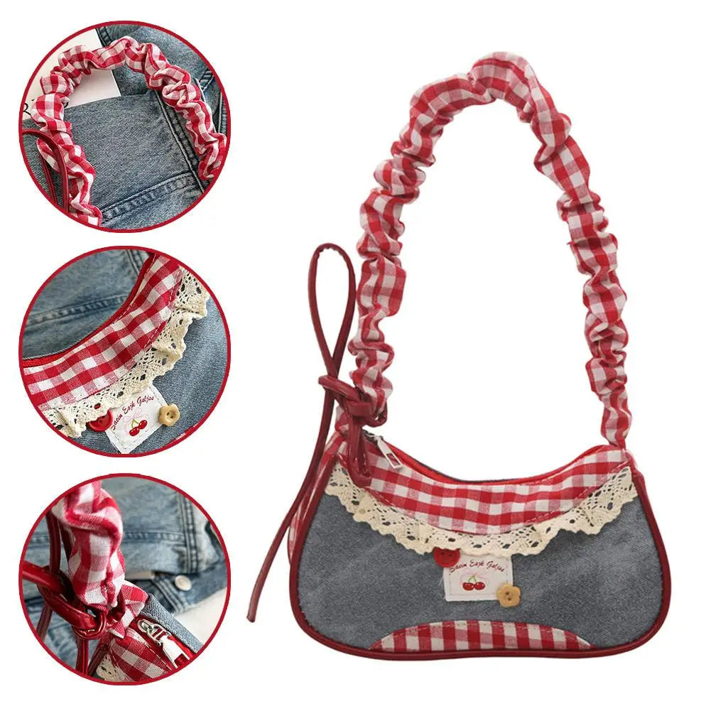 Fashion Grid Women Bag Lace Ribbon Stretchable Shoulder Strap Single Shoulder Underarm Bag Daily Commuting Student Handbag