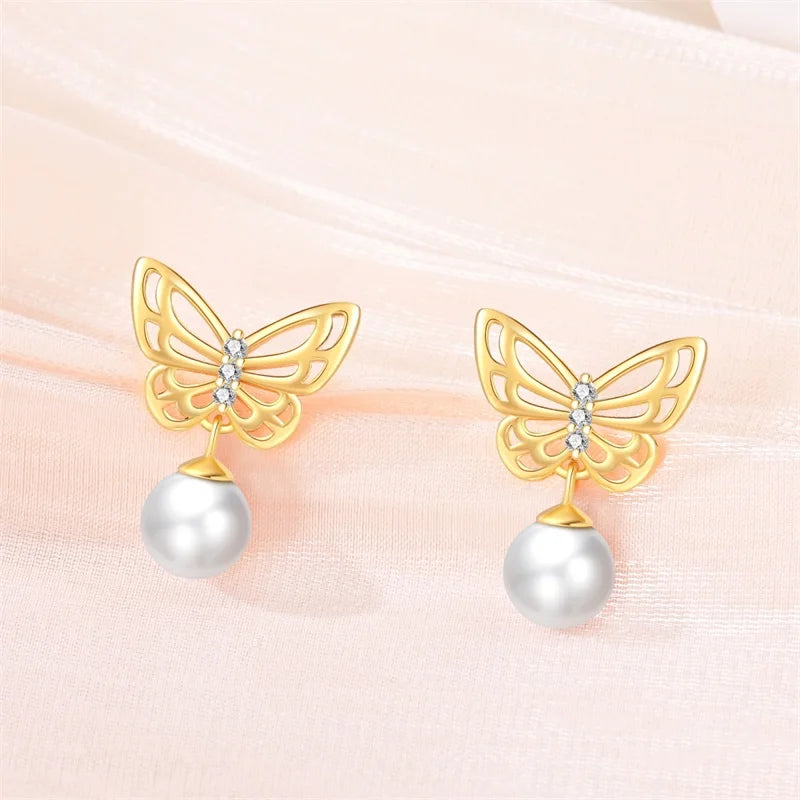 New Pearl Earrings 925 Silver Stars Moons Butterfly Sea Shell Golden Hoop Earrings Ear Stud For Women Engagement Luxury Jewelry