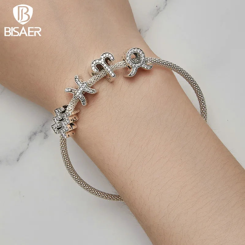 BISAER 925 Sterling Silver 12 Constellation Charms Aries Libra Beads Fit Women DIY Bracelet Necklace Fine Jewelry Birthday Gifts