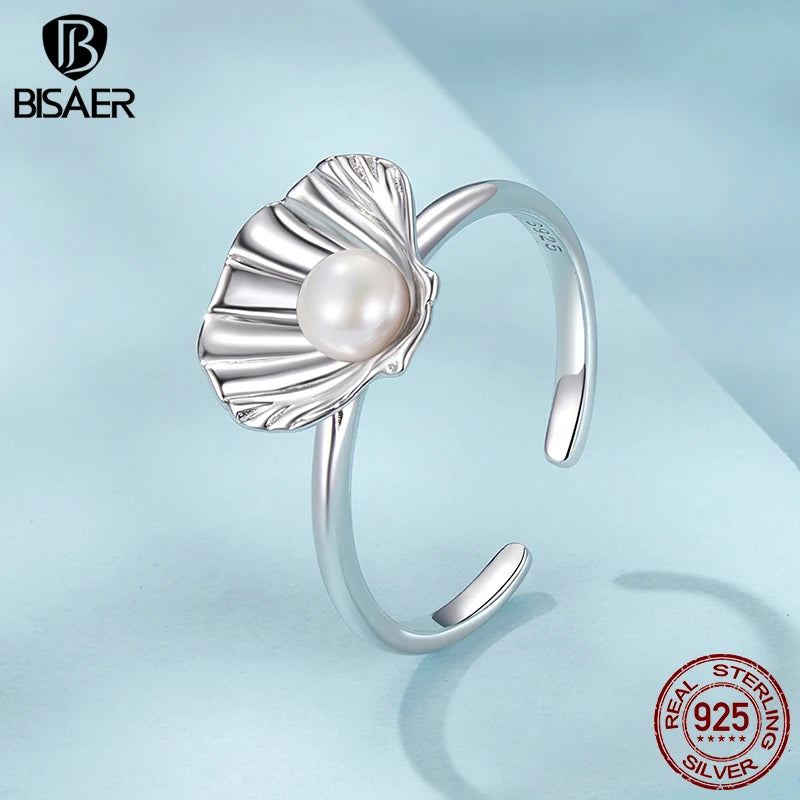 BISAER Bague ouverte en argent sterling 925 avec coquillage et perle, taille réglable 5 à 9, bande plaquée or blanc pour femme, bijoux fins de fête ECR1077