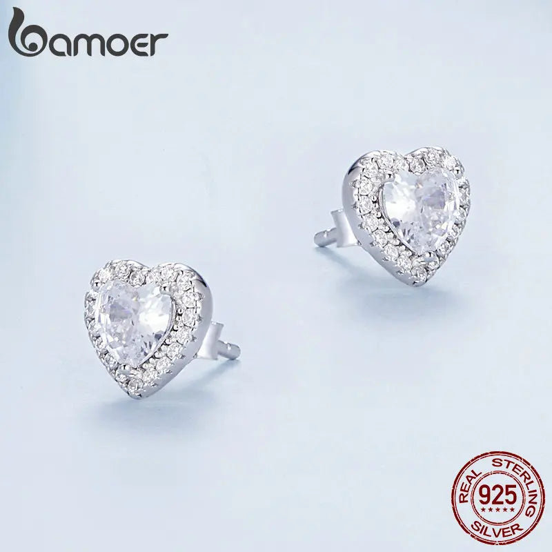 BAMOER Vergoldete Halo CZ Ohrstecker 925 Sterling Silber Hypoallergen Klassisch Elegant Herz Ohrringe Schmuck BSE894