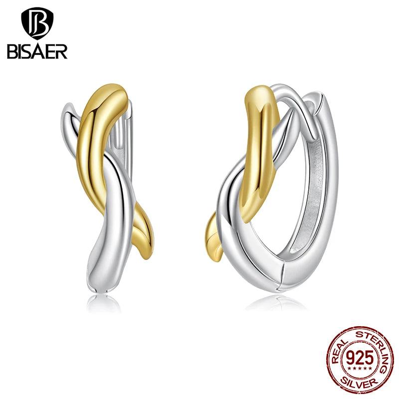 BISAER Real 925 Sterling Silver Cross X Hoop Earrings Two-tones  Minimalist Earrings 14K Gold Plated for OL Women Fine Jewelry