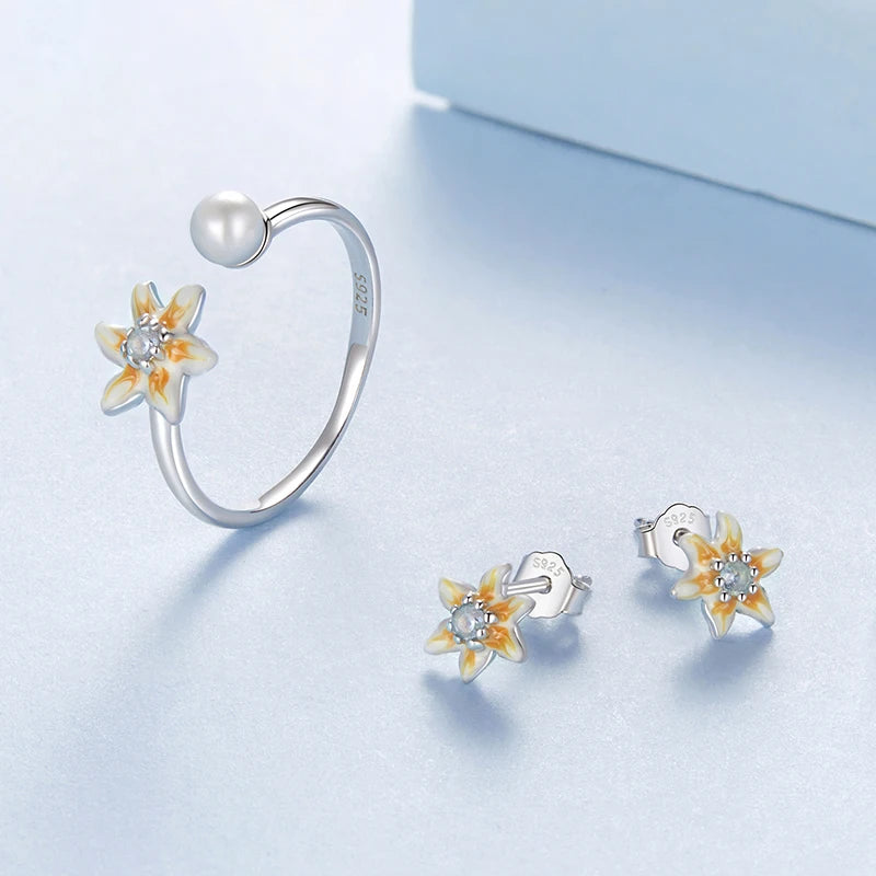 WOSTU 925 Sterling Silver Lovely Yellow Zircon Flower Pearl Open rings Spring Jewelry Gift For Family Daughter Girl Mom CQE1863