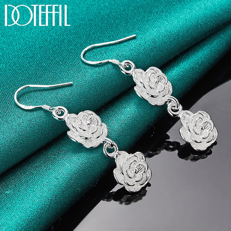 DOTEFFIL 925 Sterling Silver Rose Flower Drop Earrings For Woman Wedding Engagement Fashion Party Charm Jewelry