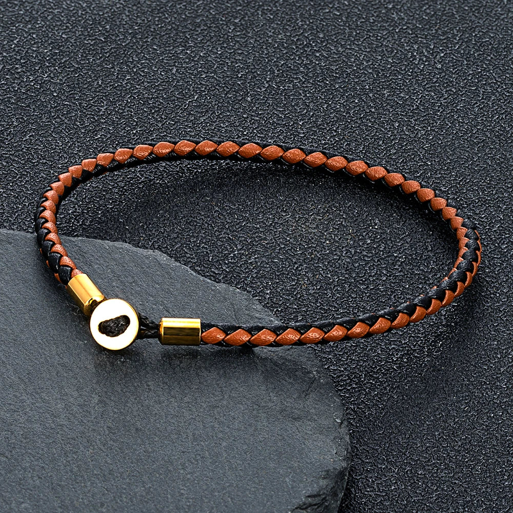 MKENDN Gold Color Stainless Steel Button Braided Leather Bracelet For Men Women Fashion Couple Jewelry Gifts