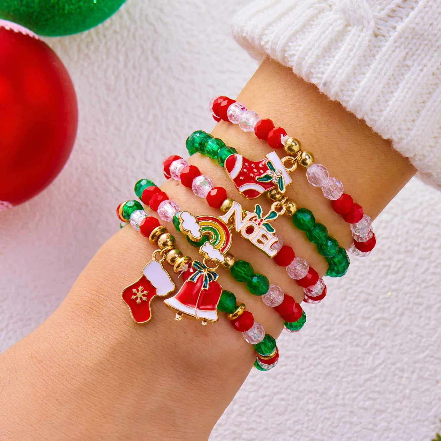 Christmas Series Bracelet Set For Women Santa Claus Snowman Xmas Tree Snowflake Crystal Beads Bracelets Party Charm Jewelry Gift