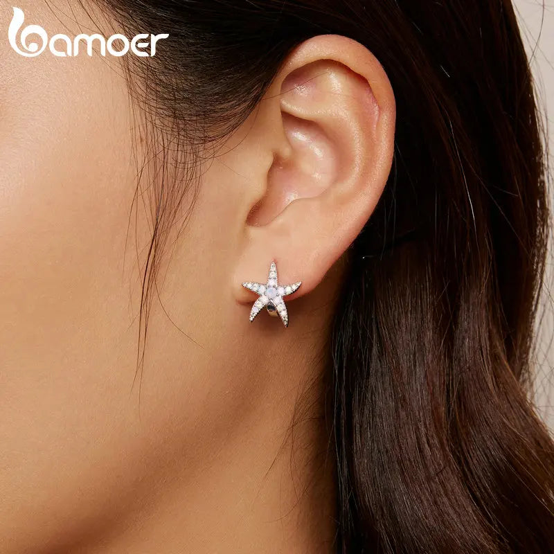 Bamoer 925 Sterling Silver Blue Opal Starfish Ear Buckles Delicate Sea Star Hoop Earrings for Women Fine Jewelry