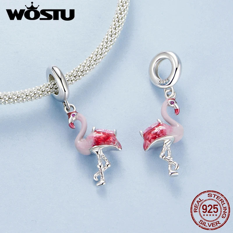 WOSTU Solid 925 Sterling Silver Flamingo Pendant Red Bird Charm Fit DIY Bracelet Necklace Summer Beach Jewelry Series