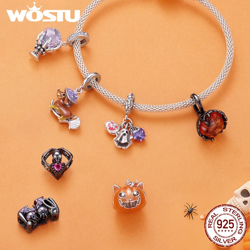 WOSTU 925 Sterling Silver Halloween Charm Skull/Pumpkin/Magic/Ghost Pendant Original Fit for Women  Bracelet DIY Fine Jewelry