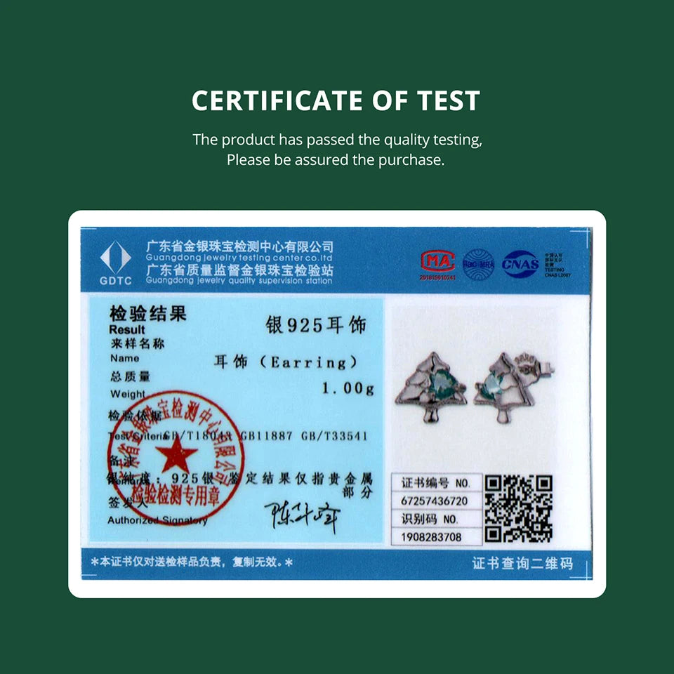 BAMOER 925 Sterling Silver Christmas Tree Stud Earrings, Plated White Gold Green Heart CZ Piercing Earrings for Girls Xmas Gift