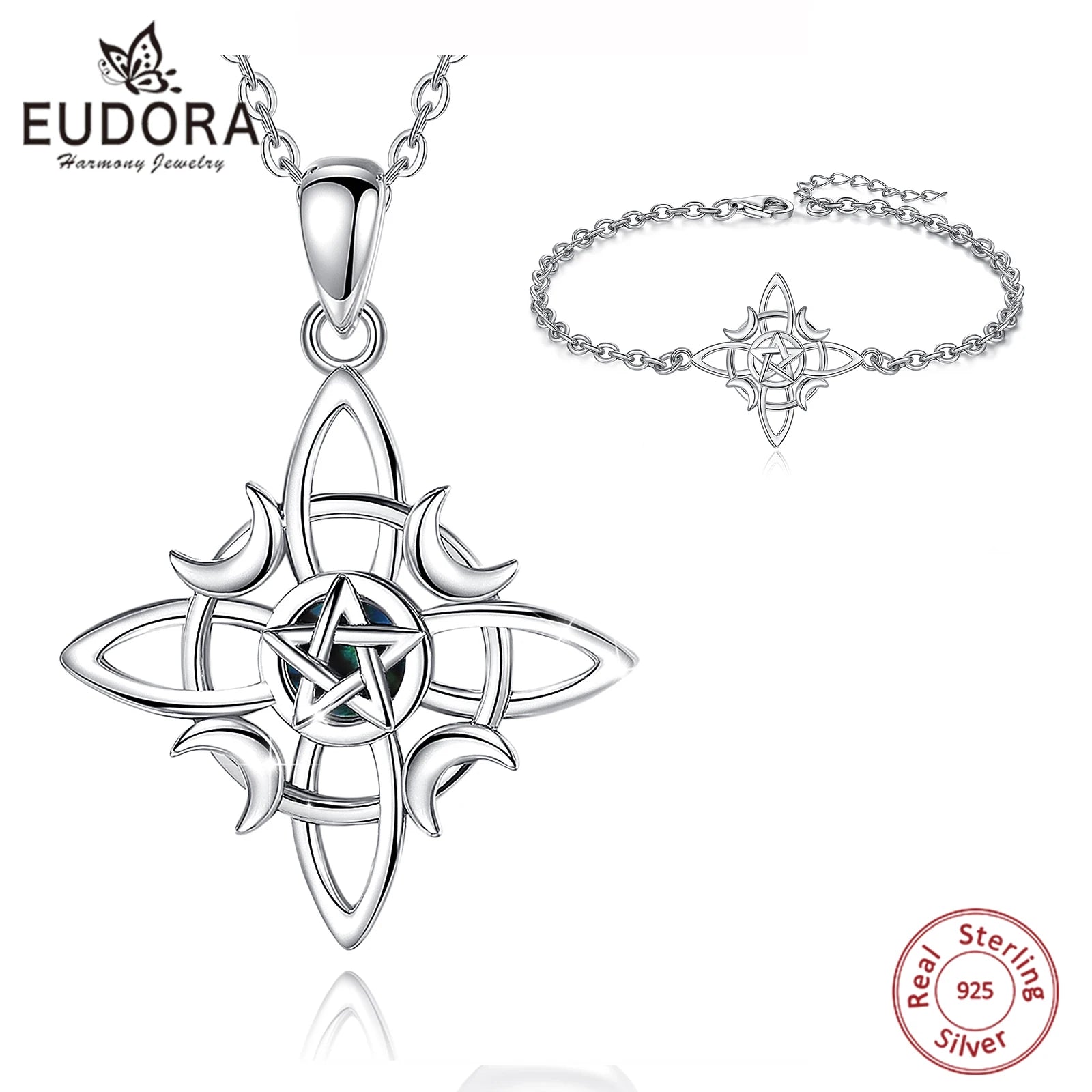 Eudora 925 Sterling Silber Hexenknoten Schmuckset Mond Wicca Amulett Halskette Armband Ohrringe &amp; Ring Feines Geschenk für Frauen