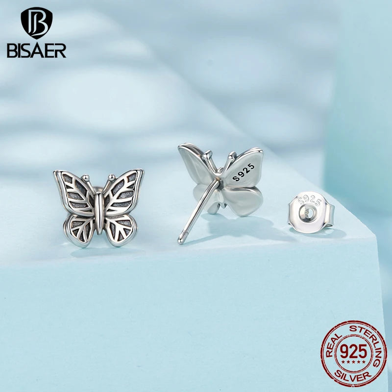 BISAER 925 Sterling Silver Hollow Butterfly Stud Earrings Retro Butterfly Hypoallergenic Stud Ear for Women Party Fine Jewelry