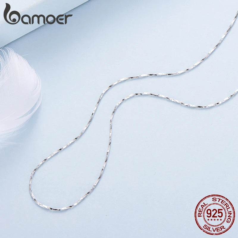 Bamoer 925 Sterling Silver Geometric Sparkling Chain Necklace Lobster Clasp Adjustable Flat Basic Chain for Women DIY Pendants