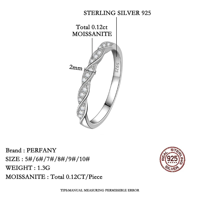 PERFANY All Moissanite Ring for Women S925 Pure Silver Ripple Design Laboratory Diamond Elegant Wedding Jewelry - Madeinsea©