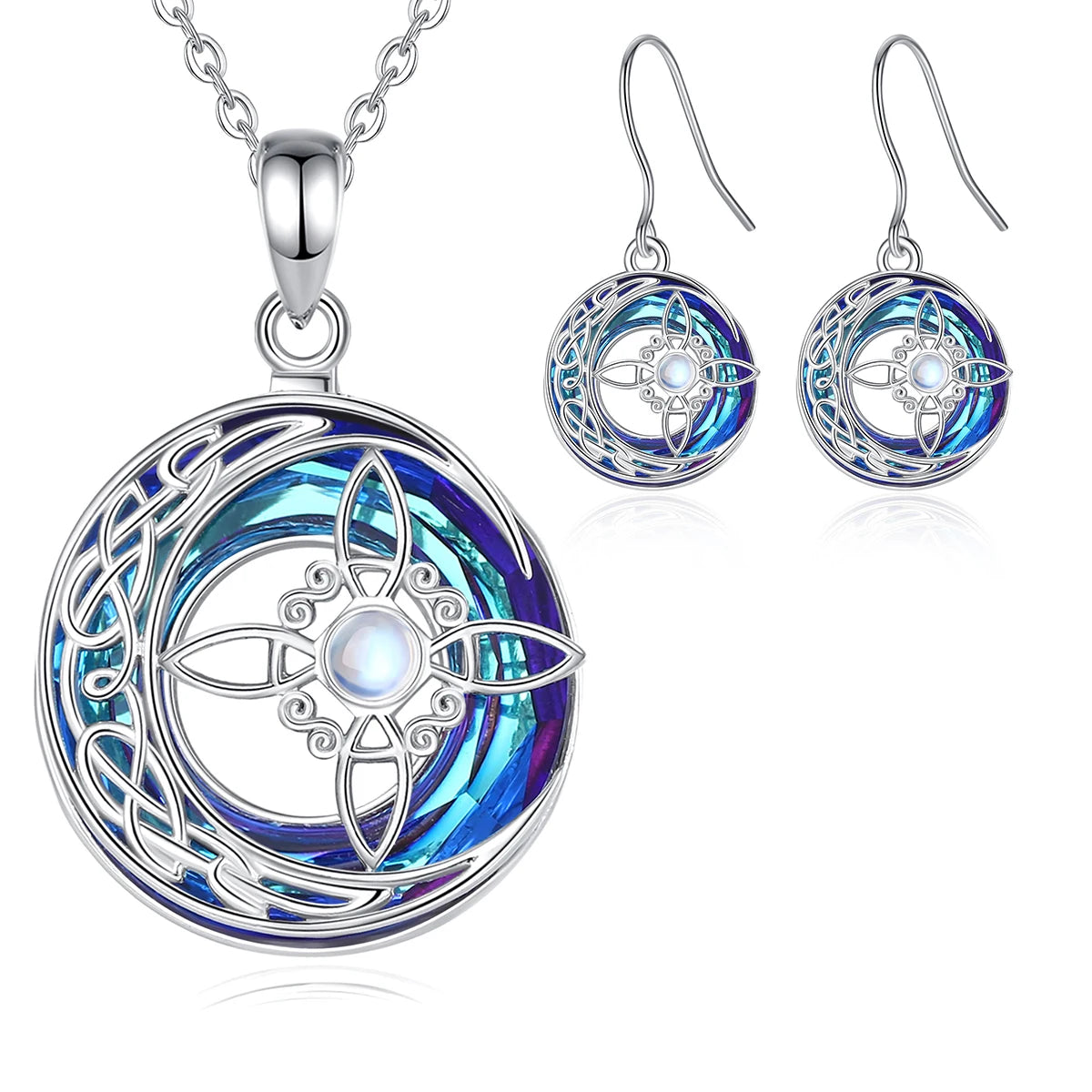 Eudora 925 Sterling Silver Witches Knot Adjustable Ring & Necklace & Bracelet Austrian Crystal Wicca Amulet Jewelry Set Gift