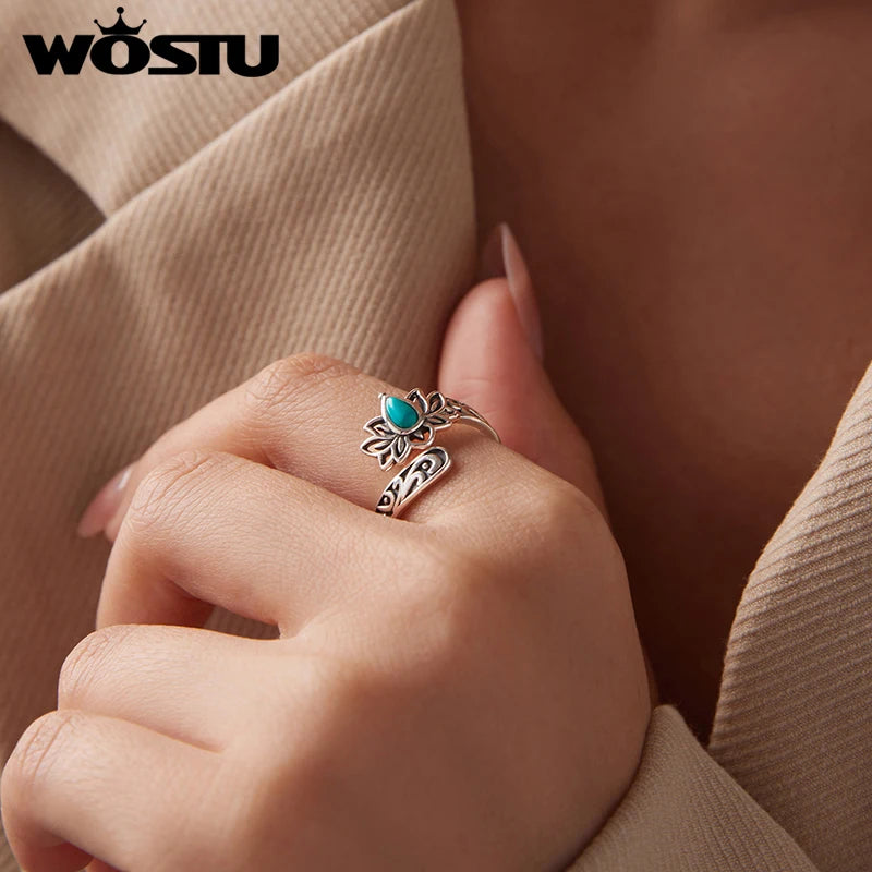 WOSTU Vintage 925 Sterling Silver Turquoise Lotus Open Ring For Women, Handmade Adjustable rings Boho Ethnic Statement  Jewelry