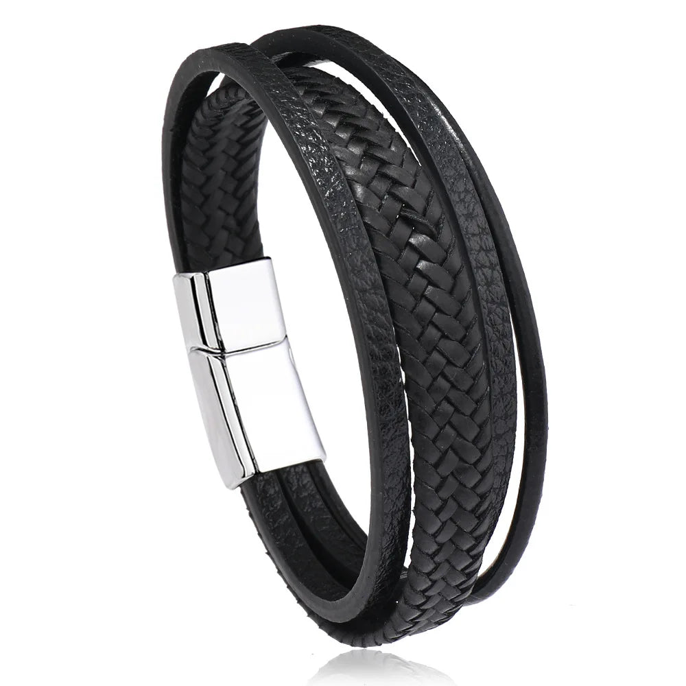 Trendy  Leather Bracelets Men Stainless Steel Multilayer Braided Rope Bracelets For Male Bracelets Jewelry Pulsera Hombre