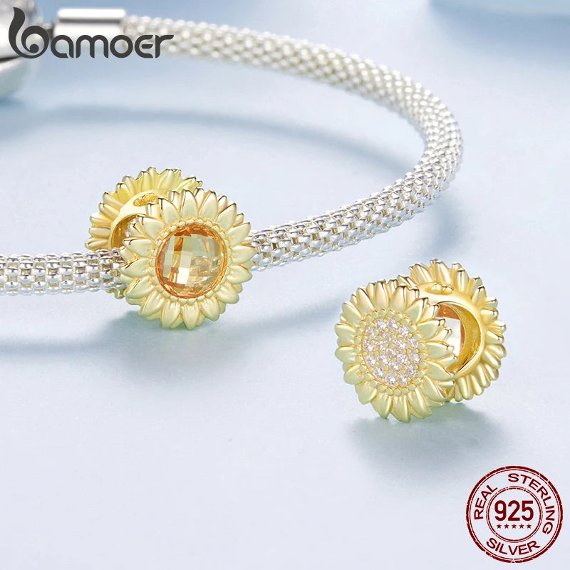 BAMOER Sonnenblumen-Anhänger aus 925er Sterlingsilber, transparent rosa Blume, mondförmiger Lebensbaum-Anhänger, Perlen zum Selbermachen, origineller Schmuck