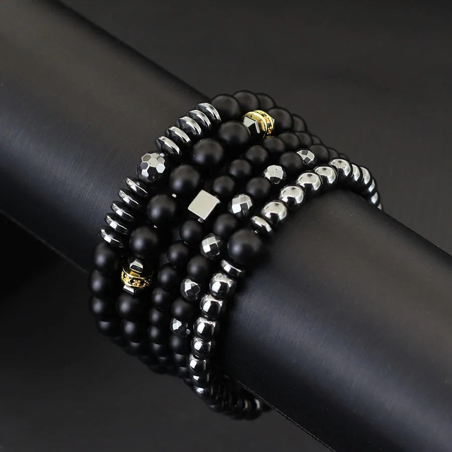 Stylish Men Bracelet Set Luxury Zirconia Wrap Braslet Black Onyx Hematite Healing Braclet Birthday Gift For Boyfriend Beaded