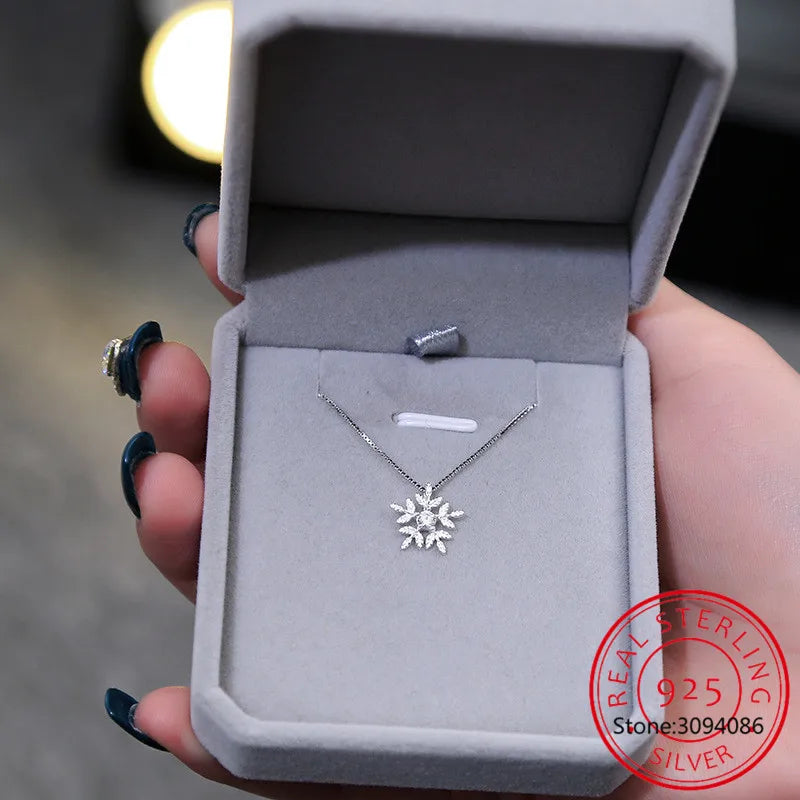 925 Sterling Silver Zircon Snowflake Neckace For Women Gift Chain Choker Collares Christmas Necklace Colar de Prata S-N142