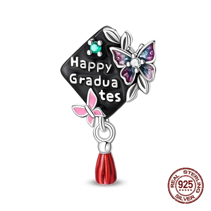 Original 925 Sterling Silver Charms Beads Graduation Season College Entrance Bachelor's Cap Pendant for Bracelet Charm Jewelry