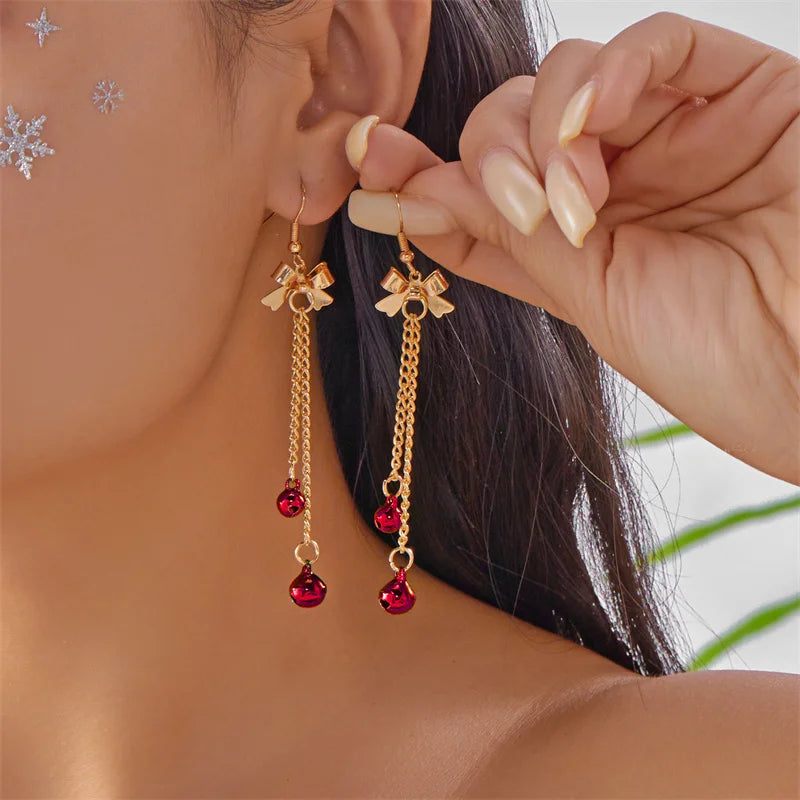 Fashion Christmas Red Green Bell Pendant Earrings for Women Exquisite Bowknot Long Tassel Dangle Earring New Year Xmas Gifts