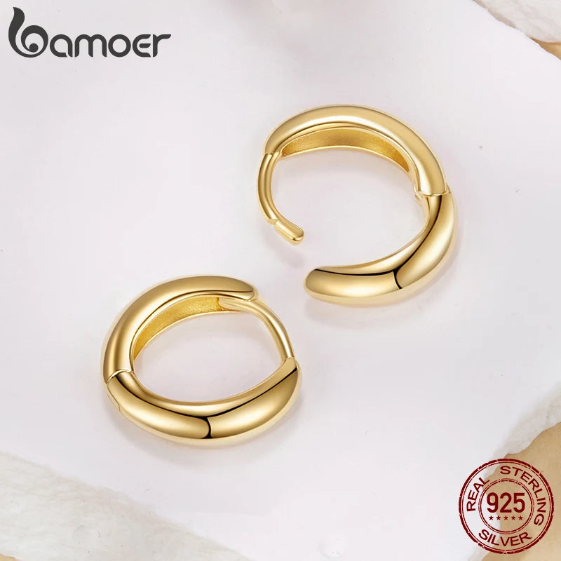 BAMOER 925 Sterling Silver Glossy Ear Cuff for Women, 18K Gold Geometric Metallic Huggies Earrings Minimalist Daily Jewelry Gift