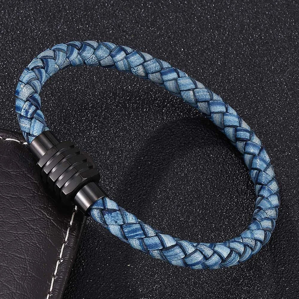 MKENDN Fashion Punk Men Jewelry Black Braided Leather Bracelet Stainless Steel Magnetic Clasp Fashion Bangles Gift