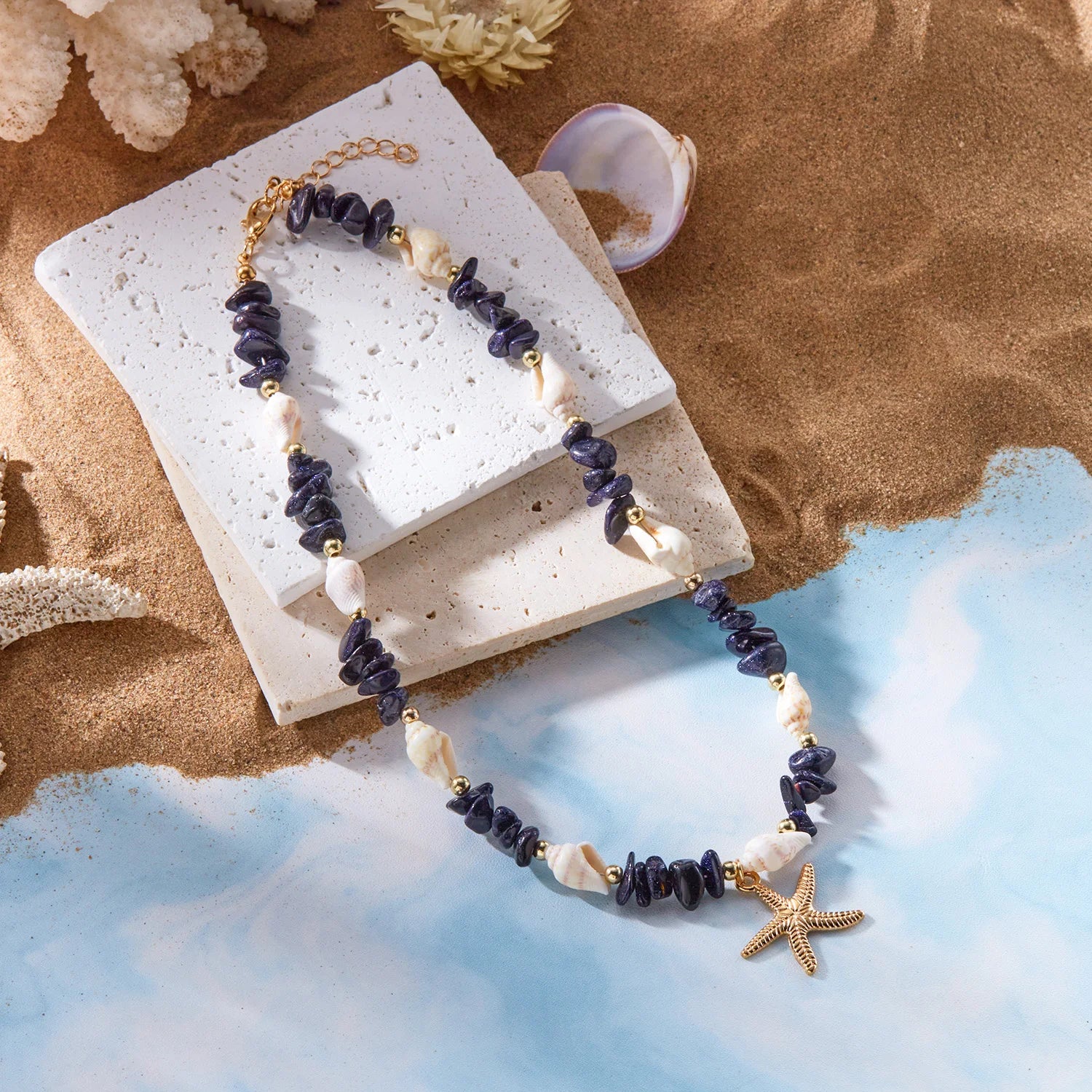 Bohemian Starfish Conch Pendant Necklaces For Women Colorful Irregular Stone Choker Neck Chain Girls Summer Beach Party Jewelry