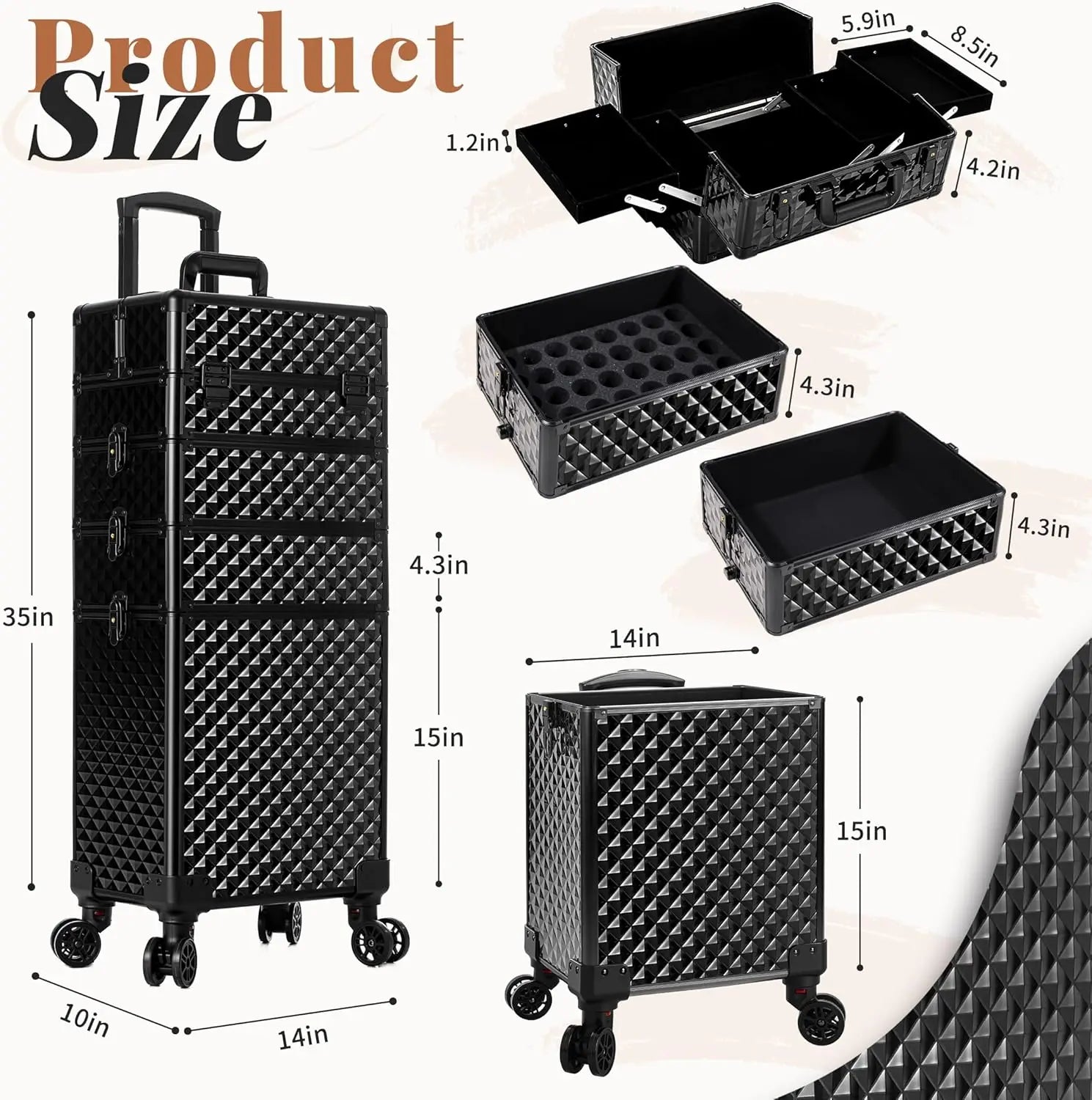 Rolling Makeup Train Case 4 in 1 Cosmetology Case on Wheels Large Storage Cosmetic Trolley with Key Salon Barber Case