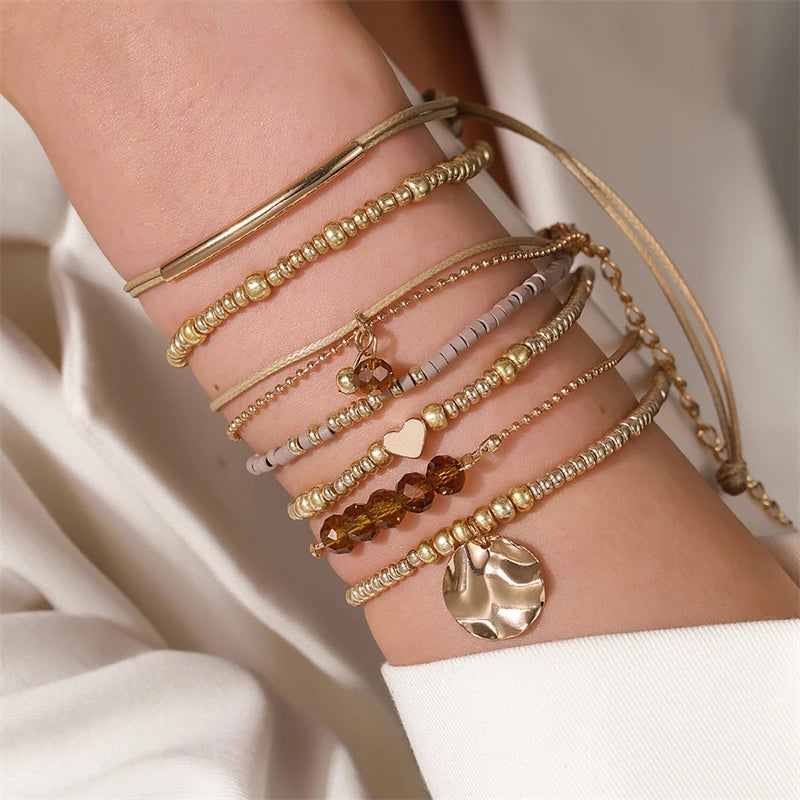 7Pcs Bohemian Heart Beads Round Pendant Bracelets For Women Elastic Beaded Stretchy Strand Chain Bangle Set Girl Party Jewelry