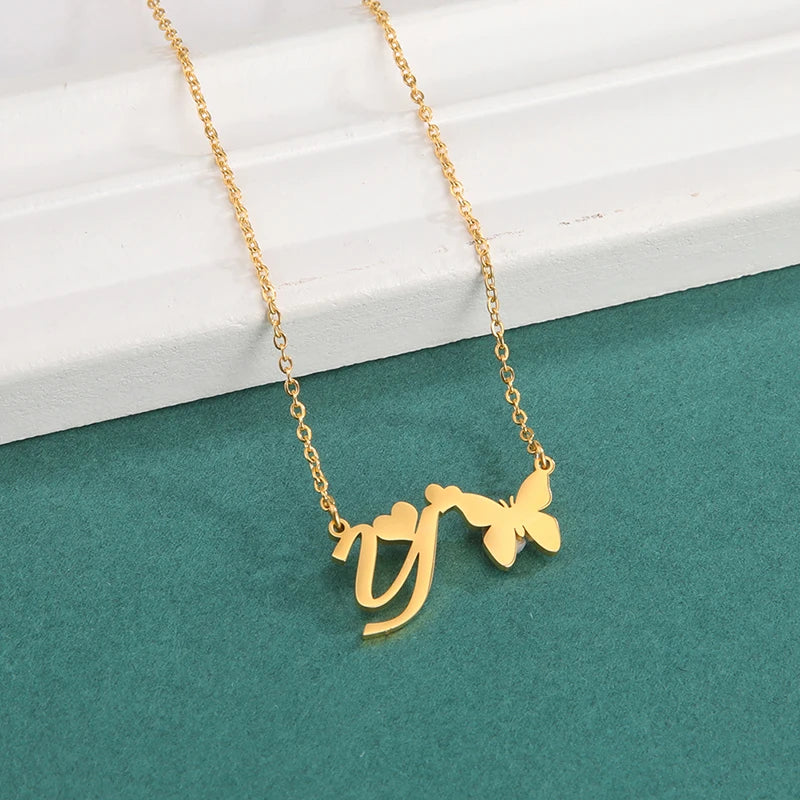 New Fashion 26 Initials Letter Pendant Butterfly Necklace for Women Elegant Stainless Steel Gold Color Necklace Jewelry Gift