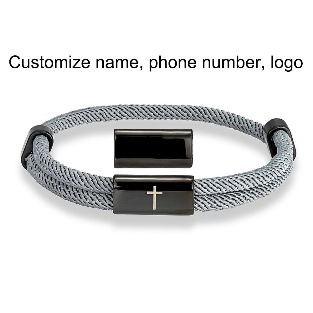MKENDN Charm Rope Bracelet Cross Black Stainless Steel Bracelets Handmade Men Women Prayer Fitness Chain Couple Jewelry Gift